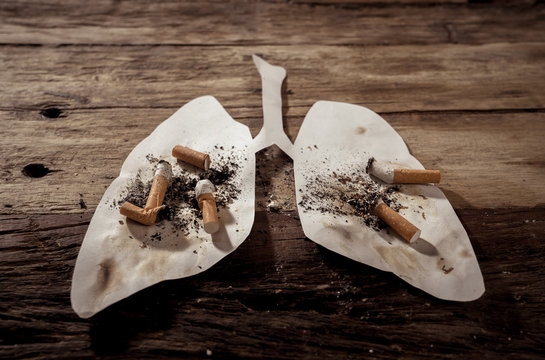 Smoking kills and lung cancer. Conceptual image of many cigarettes stubs and ash on paper lungs