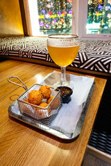 Fried chicken wings on wooden table. Breaded Crispy fried kentucky chicken tasty dinner
