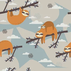 Wallpaper murals Sloths Seamless pattern, sloths on the branches, hand drawn overlapping backdrop. Colorful background vector. Illustration with animals. Decorative colored wallpaper, good for printing