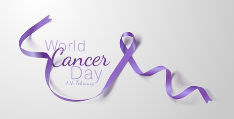 World Cancer Day. Calligraphy Poster Design. Realistic Lavender Ribbon. February 4 th is Cancer Awareness Day. Vector