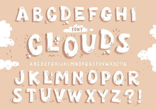White font clouds on the beige background. Vector letters set