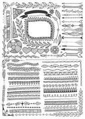 set of doodle floral hand drawn border and frame, page divider and arrows © Kara-Kotsya