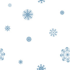 Merry Christmas and Happy New Year holiday seamless pattern with blue snowflakes isolated on white background. Abstract winter texture for your holiday design. Vector snow illustration