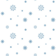 Merry Christmas and Happy New Year holiday seamless pattern with blue snowflakes isolated on white background. Abstract winter texture for your holiday design. Vector snow illustration