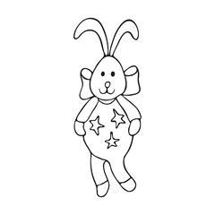 Fototapeta premium Single hand-drawn toy rabbit dressed in pajamas with stars. In doodle style, black outline isolated on a white background. For banners, cards, coloring book, design, stickers. Vector illustration