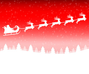 Santa Claus in a sleigh with a reindeer team flies in the Christmas forest