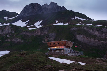 Fototapeta na wymiar Corno Gries, Wallis/ Switzerland- July 3 2019: The newly renovated Alpine hut Corno Gries is located in the south of Switzerland on the border with Italy