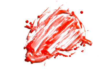 closeup drops of red blood isolated on white, abstract background