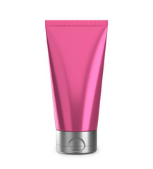 Pink cream or lotion tube isolated on white. Plastic blank mockup container for gel, lotion.cosmetics etc.	