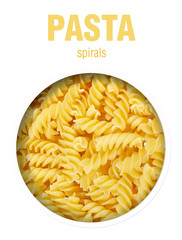 Pasta in a spiral of yellow color, located behind a round hole with shadows from it, are isolated on a white background with an inscription pasta spiral.