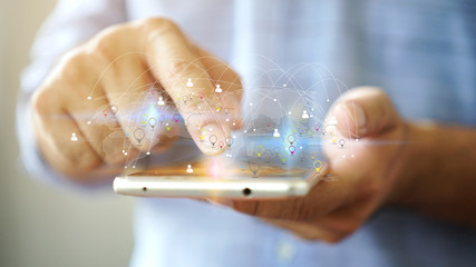 Hand using smartphone connecting to internet, Social network concept.