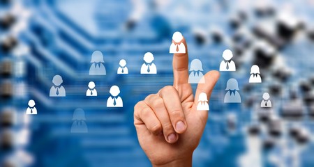 Businessman and internet and virtual reality concept - businessman pressing button on virtual...