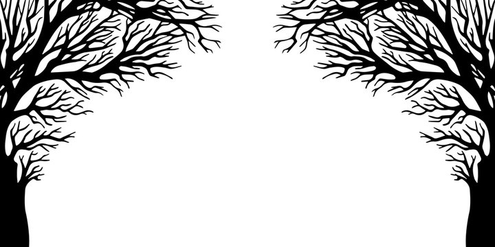 Vector illustration with spooky, bare, black trees isolated on white background. Halloween design with place for your text.