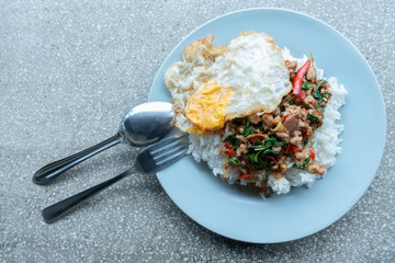 Rice topped with stir-fried minced pork and basil with Fried egg.