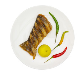 Fried fish on white dish, isolated on white background,clipping path