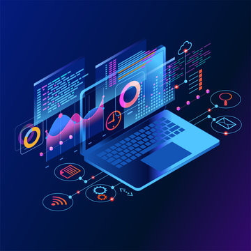 Workflow and business management. Display seo. 3D vector isometric illustration.