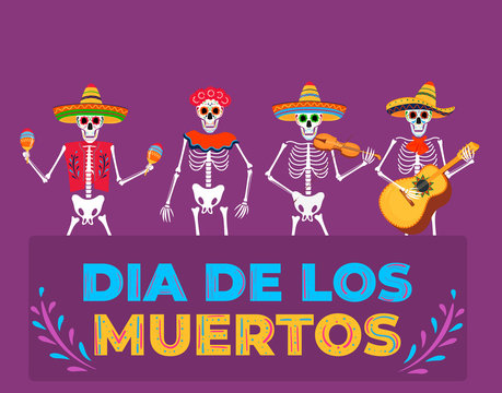 Day of the dead party. Dea de los muertos banner. Painted skeletons play musical instruments