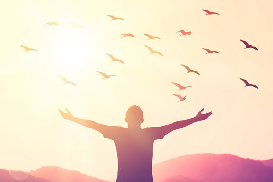 Freedom feel good and travel adventure concept. Copy space of silhouette man rising hands on sunset sky at top of mountain and bird fly abstract background.