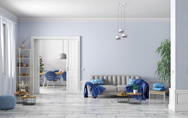Interior design of modern scandinavian apartment, living room and dining room 3d rendering © Vadim Andrushchenko