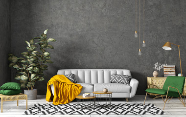 Modern interior of living room with grey sofa, coffee tables, green armchair against black concrete wall 3d rendering © Vadim Andrushchenko