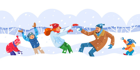 Family, winter games. Concept of friendly family and Motherhood child-rearing playing walking with kids having fun and playing with snow in winter forest. Cartoon isolated vector illustration.