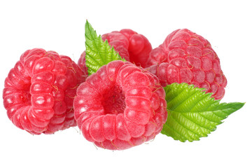 ripe raspberries with green leaf isolated on white background