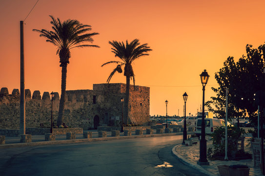 Amazing sunset over Venetian Fortress Kales. Ierapetra is  the southernmost city of Europe that faces the African coast and Libyan sea, situated in southeast Crete. 