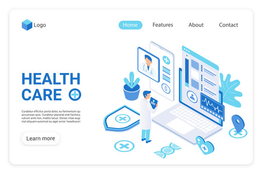 Health care landing page vector template. Diagnostics clinic, hospital website homepage UI layout with isometric illustration. Healthcare industry, medical service web banner, webpage 3D concept