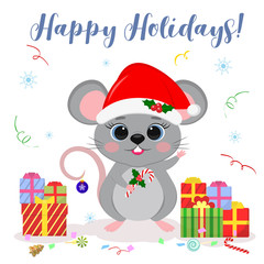 Happy New Year and Merry Christmas. A cute mouse, a rat in a Santa hat holds a lollipop, a Christmas tree toy hangs on its tail. Year of the Rat 2020. Cartoon, flat style, vector