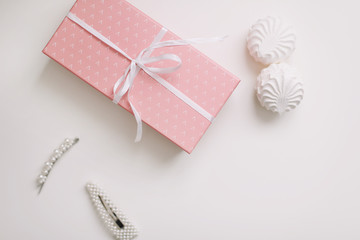 Birthday, wedding and girly concept. Pink gift box with bow on white background, girl present and glamour fashion gift. 