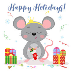 Happy New Year and Merry Christmas. Cute mouse, a rat with a crown on his head holds a Santa sock with candies and gingerbread cookies. Year of the Rat 2020. Cartoon, flat style, vector