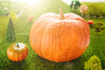 Orange plastic pumpkins on a green meadow with green grass. Macro shooting. Fairy tale.