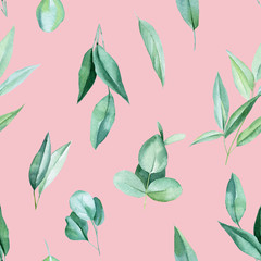 beautiful watercolor illustration, green leaves of eucalyptus, seamless pattern