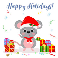 Fototapeta na wymiar Happy New Year and Merry Christmas. Cute mouse, rat in a hat and scarf Santa holds a box with a gift. Year of the Rat 2020. Cartoon, flat style, vector