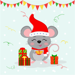 Happy New Year and Merry Christmas. Cute mouse, rat with eyes closed in a hat and a Santa scarf, holds a piece of cheese with a ribbon. Year of the Rat 2020. Cartoon, flat style, vector