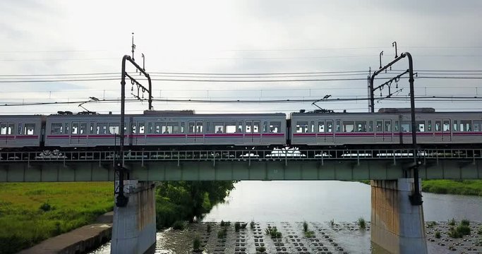Japan,Tokyo,Tama,River,Seisekisakuragaoka,Train,Fuchu,Nakagawara,Drone,sky,Japanese,town
