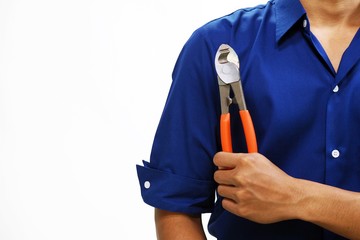 Man holds wrench tools isolated on white background. Service and construction concept