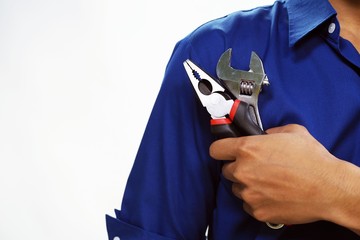 Man holds wrench tools isolated on white background. Service and construction concept