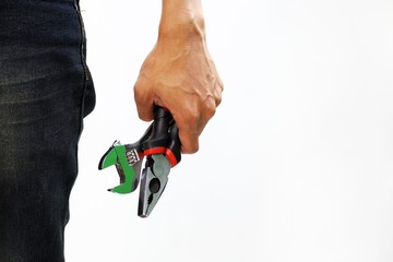 Man holds wrench tools isolated on white background. Service and construction concept