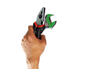 Hand with tools isolated on white background.