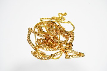 group of gold necklace isolated on white background
