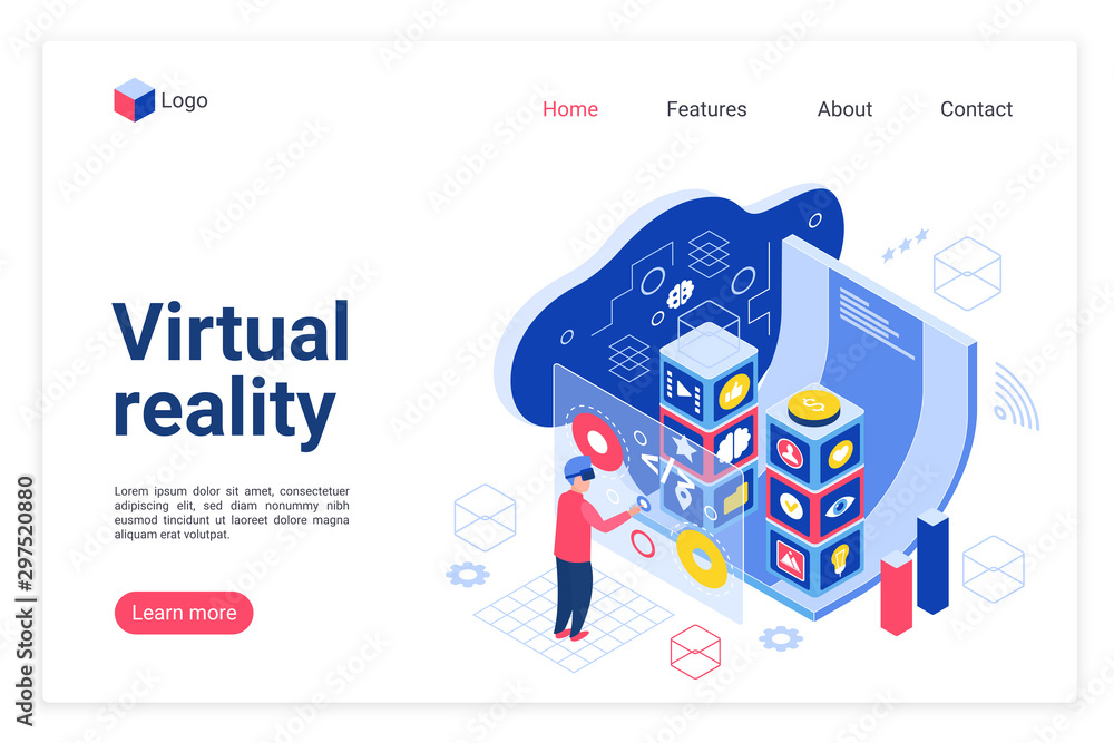 Poster vr technology landing page vector template. virtual reality devices website homepage interface layou