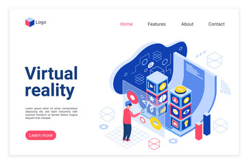 VR technology landing page vector template. Virtual reality devices website homepage interface layout with isometric illustration. Business and leisure innovation web banner, webpage cartoon concept