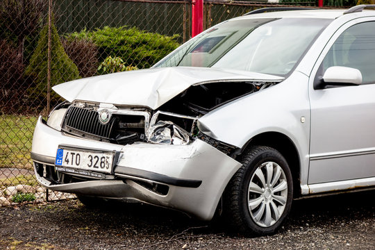 A detail of a silver Czech Skoda Fabia car crashed in a frontal traffic accident