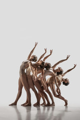 The group of modern ballet dancers. Contemporary art ballet. Young flexible athletic men and women...