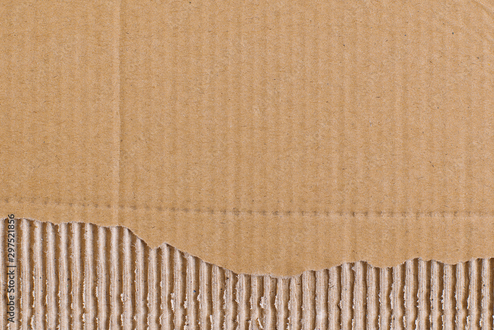 Canvas Prints top view closeup corrugated striped brown sheet of cardboard with a piece of paper torn from below. 