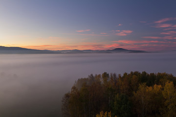 Fototapeta na wymiar Aerial view to autumn misty fog, trees and hill in sunrise, Czech landscape