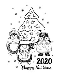 New year and Christmas greeting card. Cute cartoon penguins in winter clothes near the Christmas tree. Lettering happy new year. 2020. Hand-drawn black and white art line in vector. 