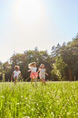 Drei Mädchen laufen über eine Wiese im Sommer