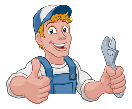 Mechanic plumber maintenance handyman cartoon mascot man holding a wrench or spanner. Peeking over a sign and giving a thumbs up